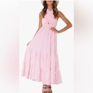 Zesica Summer Crossover Halter Neck Plaid Smock Cutout Backless Flowy Maxi Dress